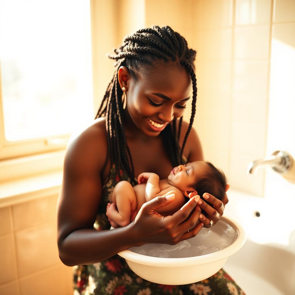 Midwife gently bathing a newborn in warm water during a home visit