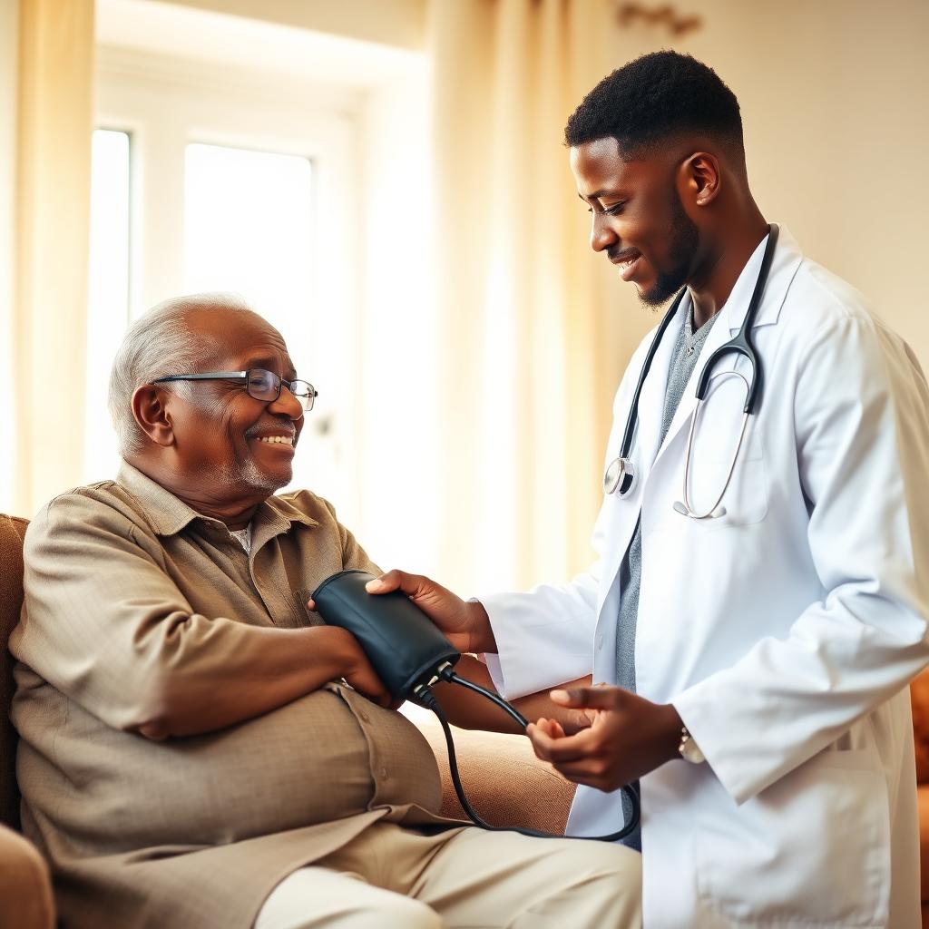 Nigerian doctor attending to an elderly patient at home, checking blood pressure