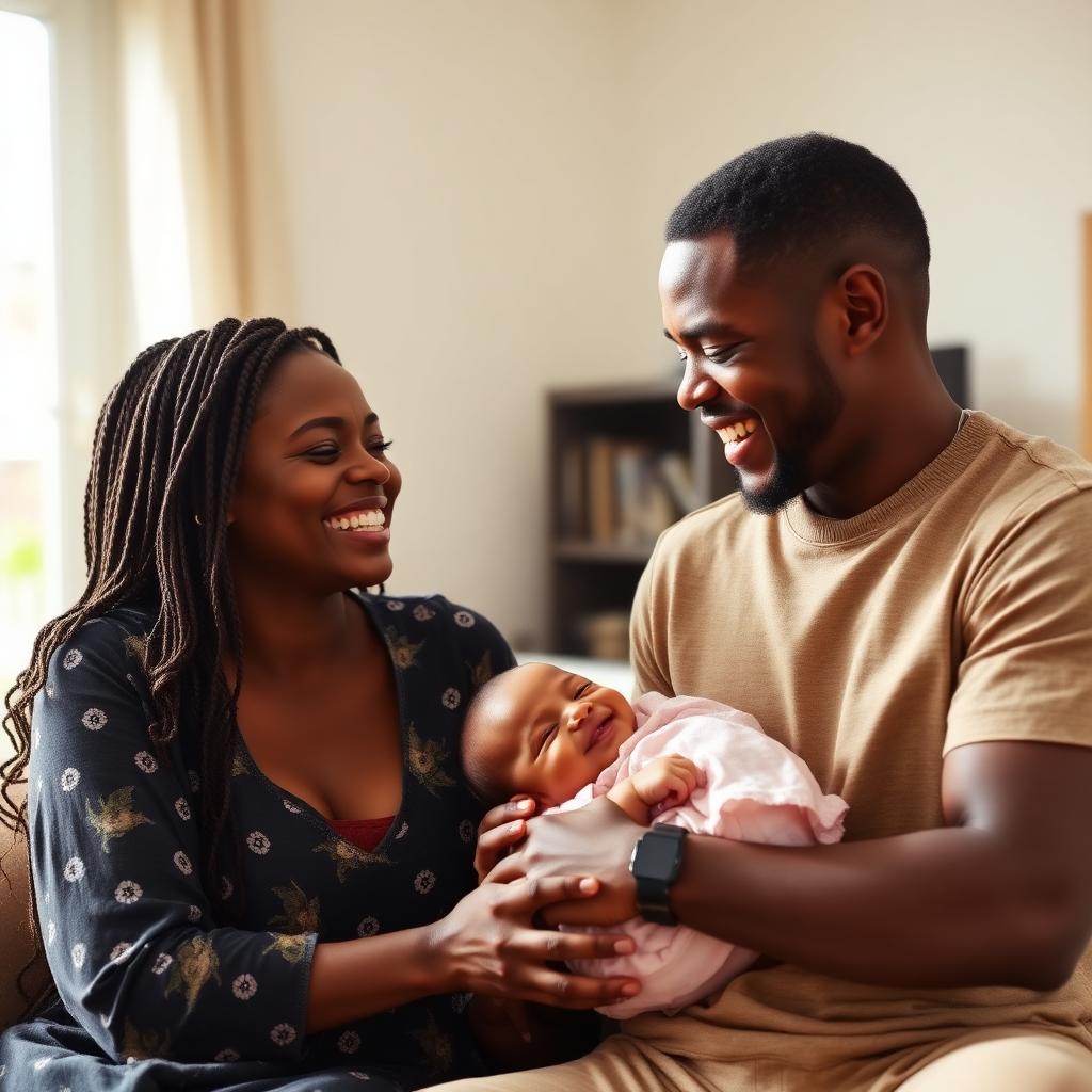 Happy Nigerian family bonding with their newborn through skin-to-skin contact