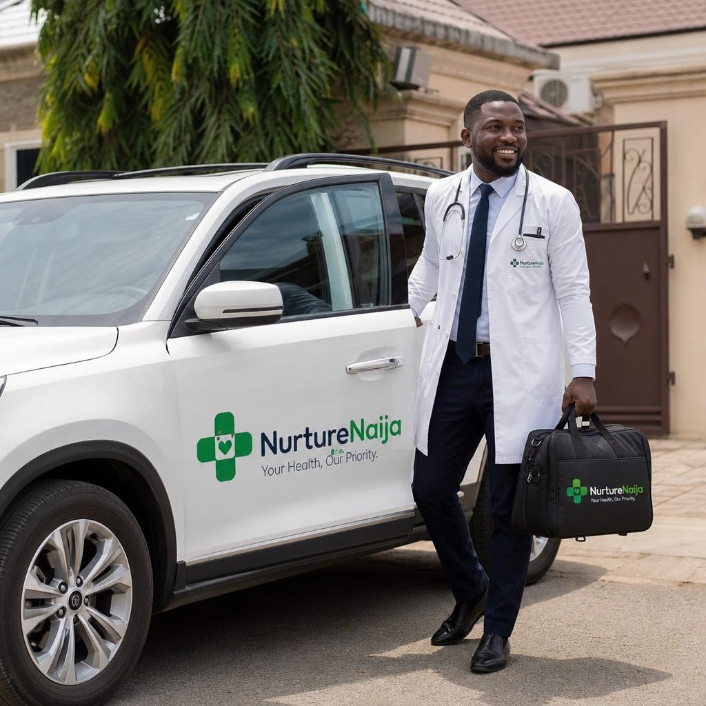 NurtureNaija branded car with a doctor arriving for a home visit